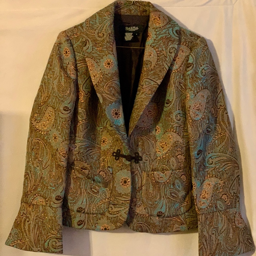 Peck & Peck Brown/Blue Gold Brocade Floral Paisley Jacquard Single Button Blazer